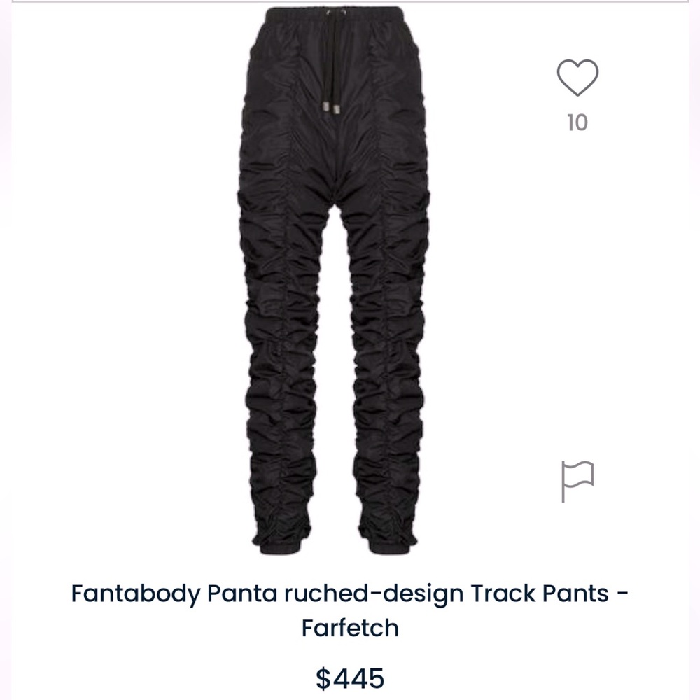 RARE FANTABODY Sz S black silky ruched designer track pants with pockets